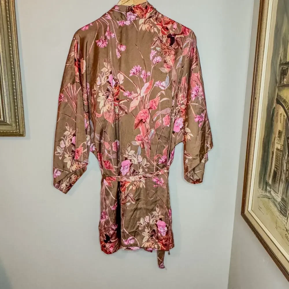 Midnight Bakery Floral Satin Kimono Robe & Lace Trim Slip Dress Set Size L